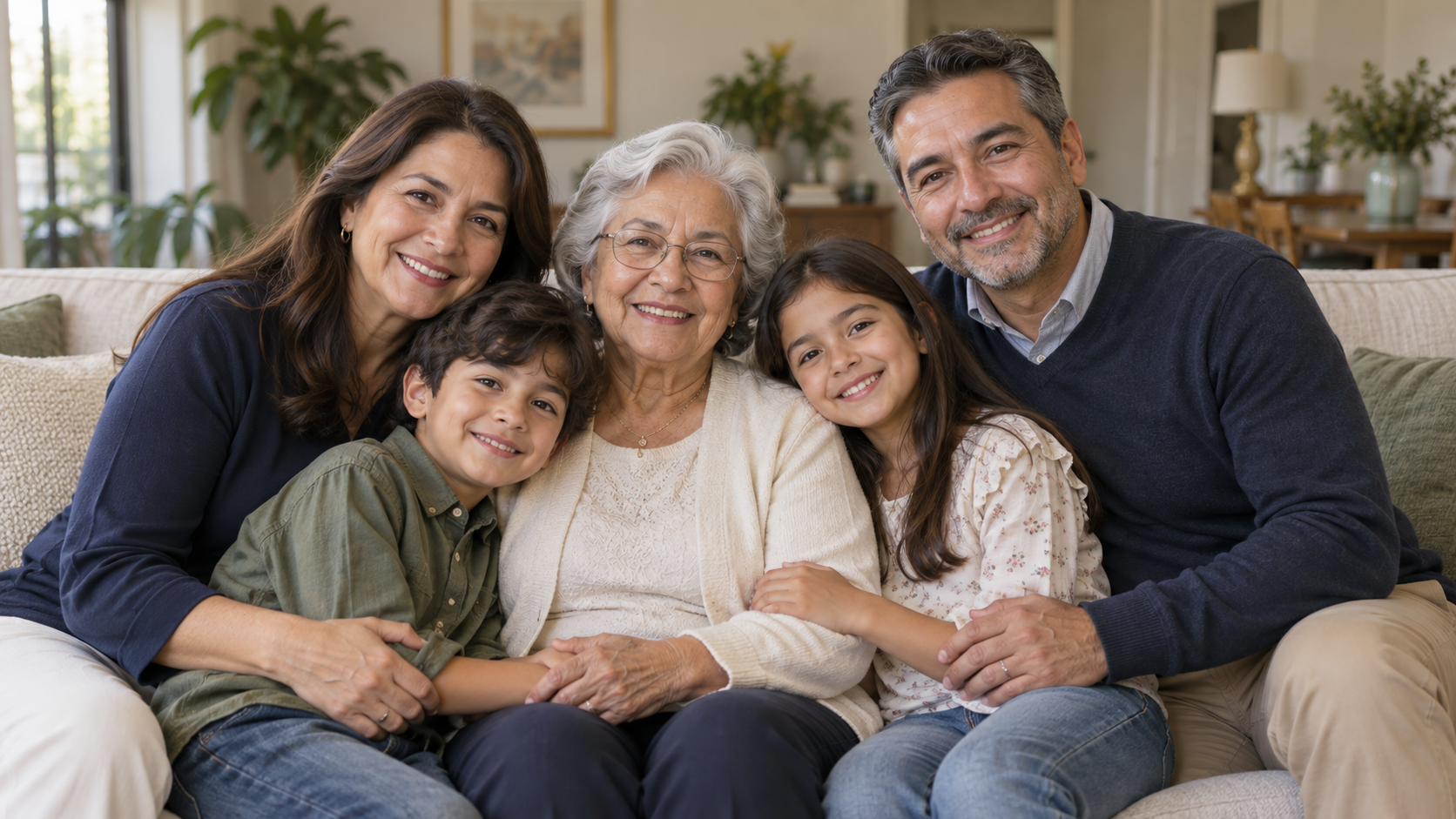 Una abuela comparte un momento alegre con sus hijos y nietos en casa